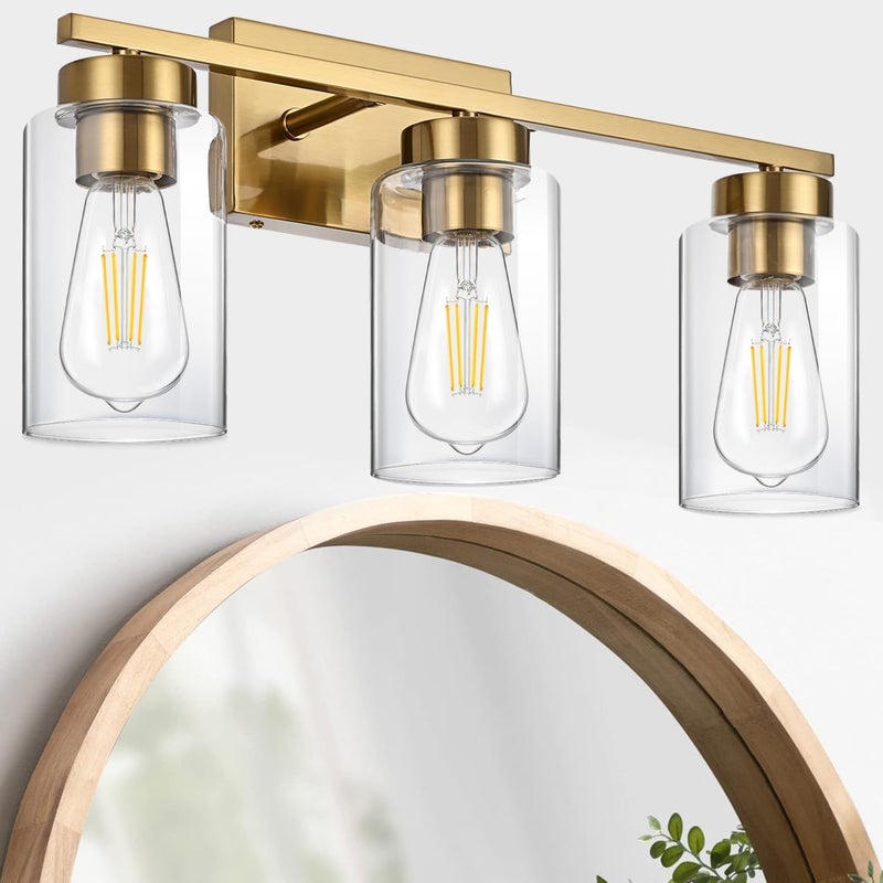 A1A9 3-Light Bathroom Vanity Light, Modern Brushed Gold Wall Lights with Clear Glass Shades, Bathroom Wall Sconce Lamp for Mirror Living Room Bedroom Hallway - Image 4